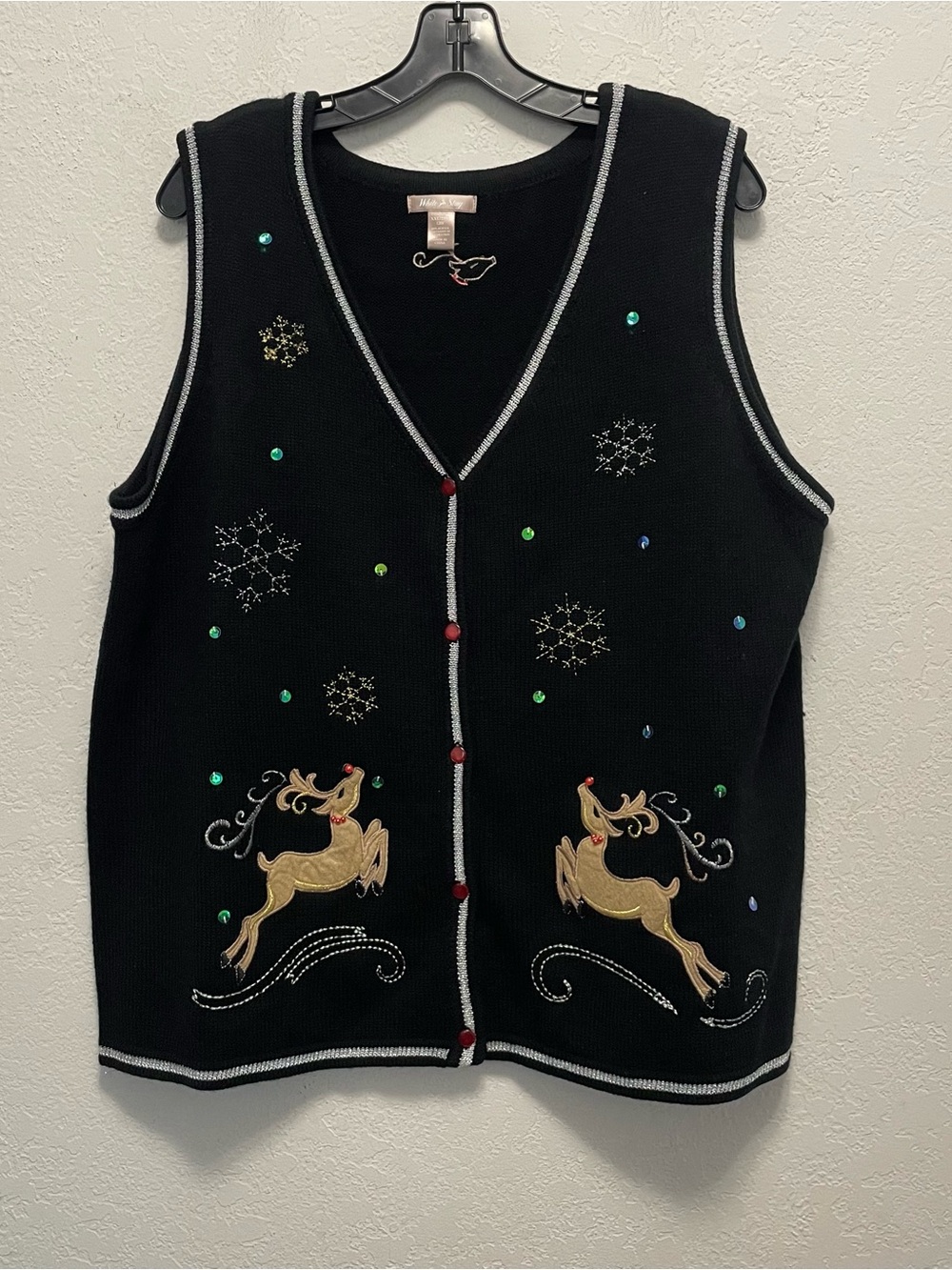 White Stag Ugly Christmas Sweater Vest Reindeer Snowflakes Size 2X Black